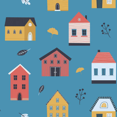 Cute houses with flowers leaves seamless patternのイラスト素材