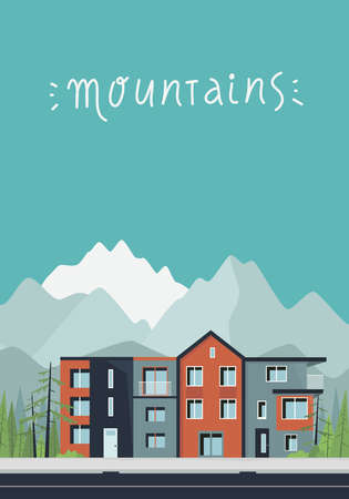 Houses with mountains in a background posterのイラスト素材
