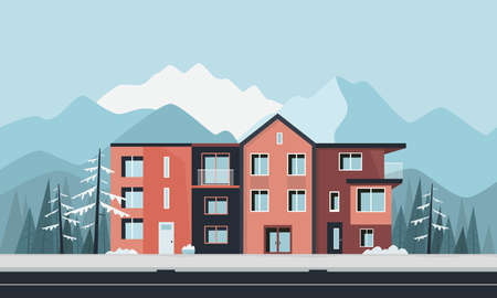 Colorful houses with mountains in a backgroundのイラスト素材