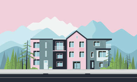 Pink houses with mountain at the backgroundのイラスト素材