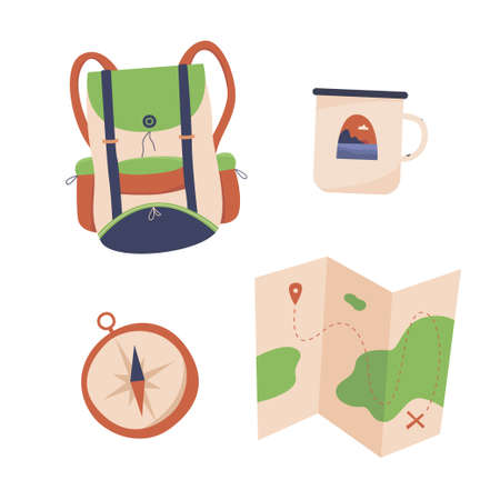 Hiking bundle kit map backpack vector illustrationのイラスト素材