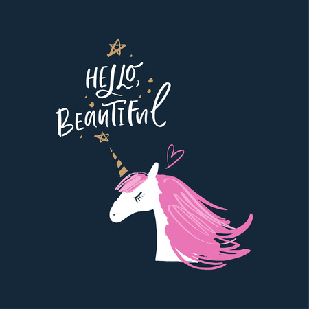 Vector cute unicorn head illustration, card and t-shirt design. Nursery artのイラスト素材
