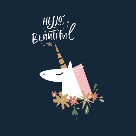 Vector cute unicorn head illustration, card and t-shirt design. Nursery artのイラスト素材