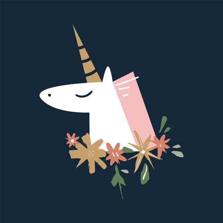 Vector cute unicorn head illustration, card and t-shirt design. Nursery artのイラスト素材
