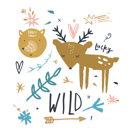 Vector cute animals. Kids collecrion with deer and foxのイラスト素材