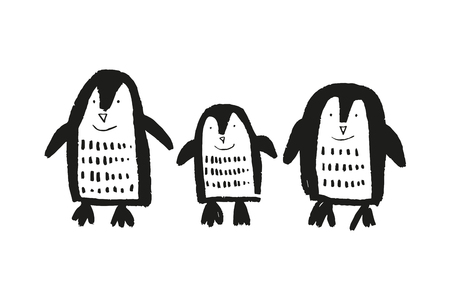 Cute nursery hand drawn little penguins, baby animal print. Vector illustration, scandinavian styleのイラスト素材