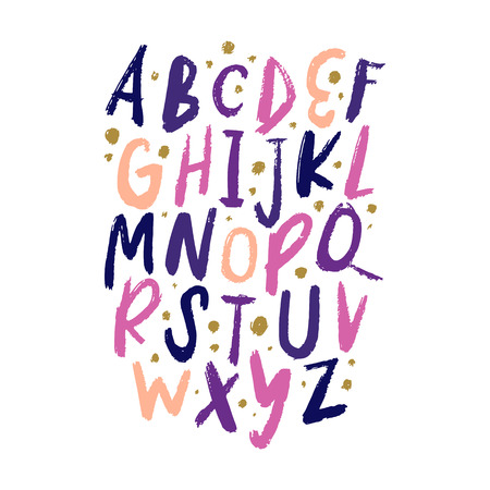 English vector nursery alphabet. Lettering, isolated letters. Handwritten brush script. ABC educationのイラスト素材