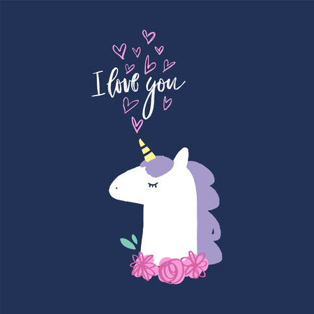 I love you text. Vector cute unicorn head illustration, card and t-shirt design. Nursery artのイラスト素材