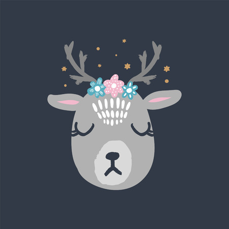 Vector cute winter polar deer girl with flowers wreath. Nursery holiday illustration. It can be used for wall art, greeting card, poster, kids apparelのイラスト素材