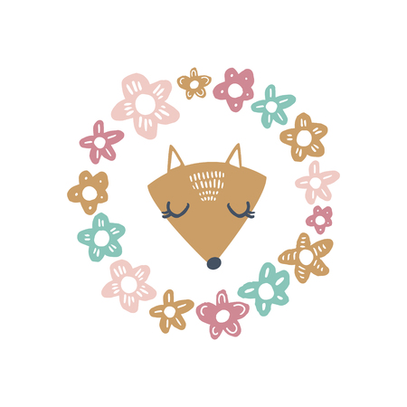 Cute baby fox art face, floral frame template. Baby print. Vector and jpg image. Clipart, isolated detailsのイラスト素材