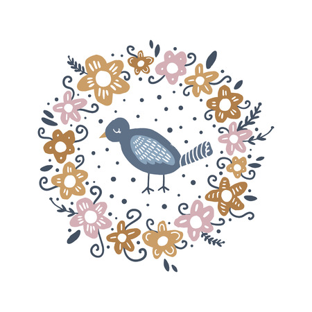 Hand drawn bird in love and floral frame. Vector illustrationのイラスト素材
