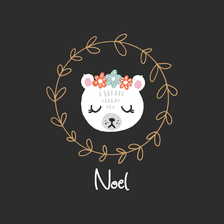 Merry Christmas, Noel. Vector cute winter polar bear girl with golden leaves wreath. Nursery holiday illustration. It can be used for wall art, greeting card, poster, kids apparelのイラスト素材