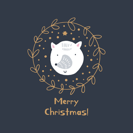Merry Christmas. Vector cute winter Noel postcard with arctic fox and golden wreath. Nursery holiday illustration. It can be used for wall art, greeting card, poster, kids apparelのイラスト素材