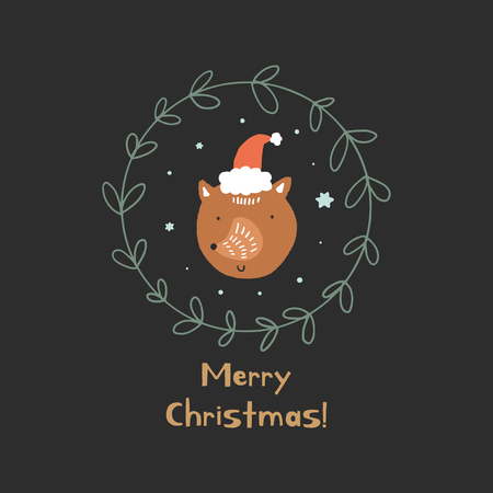 Merry Christmas. Vector cute winter Noel postcard with fox and green wreath. Nursery holiday illustration. It can be used for wall art, greeting card, poster, kids apparelのイラスト素材