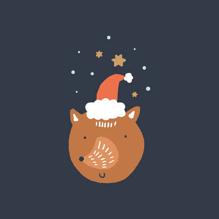 Merry Christmas. Vector cute winter fox face, Santa hat. Nursery holiday illustration. It can be used for wall art, greeting card, poster, kids apparelのイラスト素材