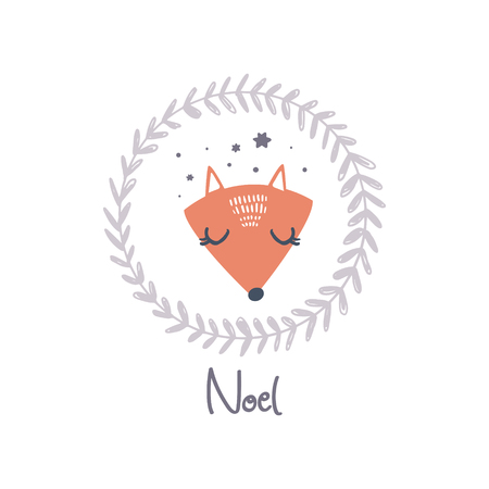 Merry Christmas. Vector cute winter Noel pastel colors postcard with fox and wreath. Nursery holiday illustration. It can be used for wall art, greeting card, poster, kids apparelのイラスト素材