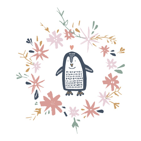 Cute nursery hand drawn little penguin, Baby Shower animal print. Vector illustration, scandinavian styleのイラスト素材
