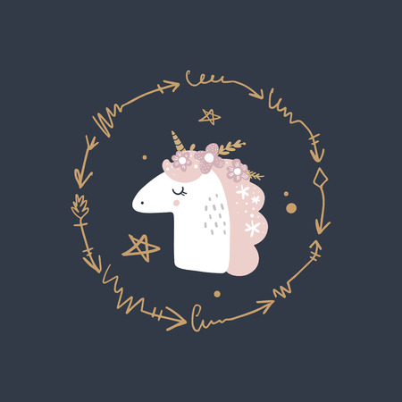 Cute hand drawn girl unicorn pastel nursery art. Pastel colors. Good for prints, birthday invitations, cards. Girl postcard with magical pony, wreath flowers, gold elements. Vector, clip artのイラスト素材