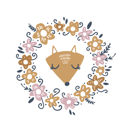 Cute baby fox art face, floral frame template. Baby print. Vector and jpg image. Clipart, isolated detailsのイラスト素材