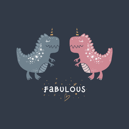 Vector cute baby dinosaurs art. Boy and girl. Dino unicorns. Nursery illustration. It can be used for wall art, greeting card, poster, kids apparel and moreのイラスト素材