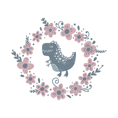 Vector cute baby dinosaur art. Flowers frame. Nursery illustration. It can be used for wall art, greeting card, poster, kids apparel and moreのイラスト素材