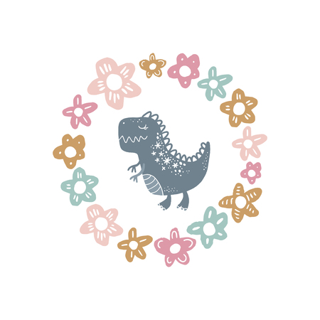 Vector cute baby dinosaur art. Flowers frame. Nursery illustration. It can be used for wall art, greeting card, poster, kids apparel and moreのイラスト素材