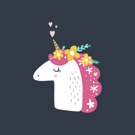 Cute hand drawn girl unicorn pastel nursery art. Kids illustration for prints, birthday invitations, cards. Girl postcard with magical pony, wreath flowers, gold elements. Vector, clip artのイラスト素材