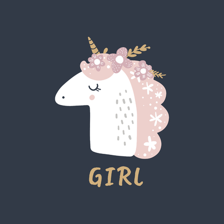 Cute hand drawn girl unicorn pastel nursery art. Pastel colors. Good for prints, birthday invitations, cards. Girl postcard with magical pony, wreath flowers, gold elements. Vector, clip artのイラスト素材