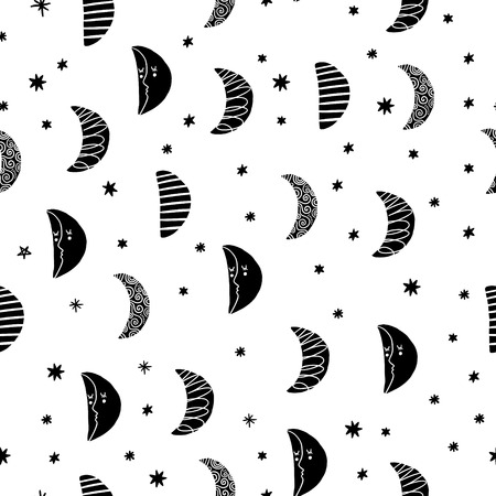 Cute moon and stars pattern. Nursery illustration, good for room decor, wall art, baby shower greeting card, poster, kids apparel and more. Eps, clip artのイラスト素材