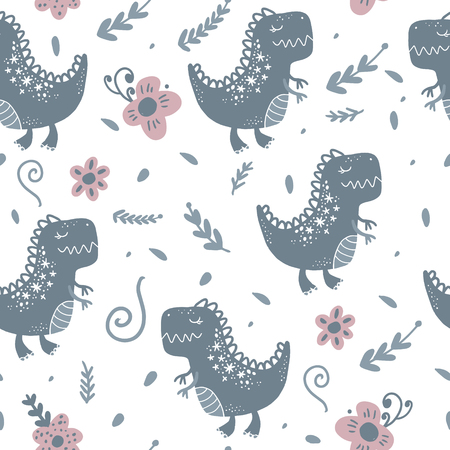 Vector cute baby dinosaur pattern. Nursery illustration. It can be used for wall art, greeting card, wrapping, kids apparel and moreのイラスト素材