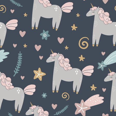 Cute hand drawn girl night unicorn pastel nursery pattern. Pastel colors. Good for prints, birthday invitations, cards. Magical pony, floral elements and stars. Vector, clip artのイラスト素材