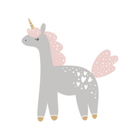 Cute hand drawn girl unicorn pastel nursery art. Pastel colors. Good for prints, birthday invitations, cards. Girl postcard with magical pony, wreath flowers, gold elements. Vector, clip artのイラスト素材