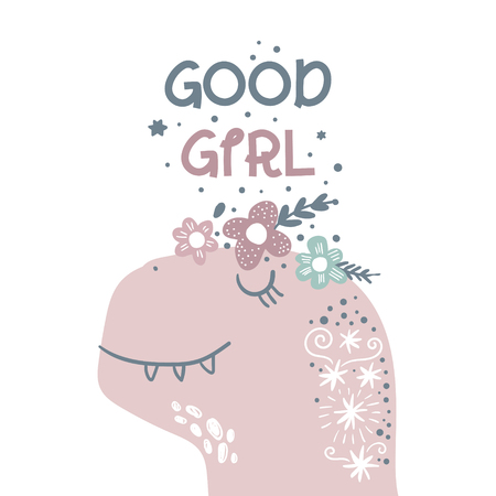 Vector cute baby dinosaur art. Kawaii girl t-rex. Nursery illustration. It can be used for wall art, greeting card, poster, kids apparel and moreのイラスト素材