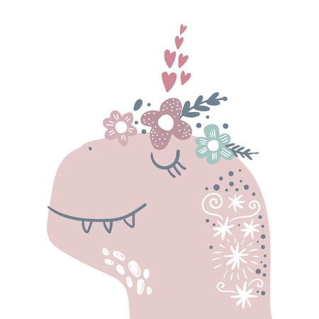 Vector cute baby dinosaur art. Kawaii girl t-rex. Nursery illustration. It can be used for wall art, greeting card, poster, kids apparel and moreのイラスト素材