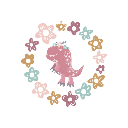 Vector cute baby dinosaur art. Flowers frame. Kawaii girl t-rex. Nursery illustration. It can be used for wall art, greeting card, poster, kids apparel and moreのイラスト素材
