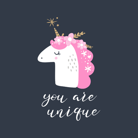 Cute hand drawn unicorn face nursery art. Pastel colors. Good for girl prints, birthday invitations, cards. Postcard with magical pony. Vector, clip artのイラスト素材