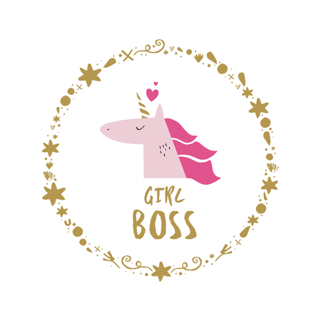 Cute hand drawn unicorn nursery art. Pastel colors. Good for girl prints, birthday invitations, cards. Postcard with magical pony. Vector, clip art. Fairy tale theme, doodle styleのイラスト素材