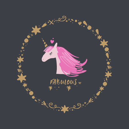 Cute hand drawn unicorn nursery art. Pastel colors. Good for girl prints, birthday invitations, cards. Postcard with magical pony. Vector, clip art. Fairy tale theme, doodle styleのイラスト素材