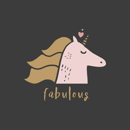 Cute hand drawn unicorn nursery art. Pastel colors. Good for girl prints, birthday invitations, cards. Postcard with magical pony. Vector, clip art. Fairy tale theme, doodle styleのイラスト素材