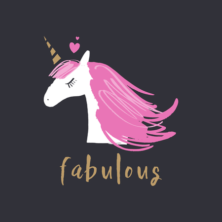 Cute hand drawn unicorn nursery art. Pastel colors. Good for girl prints, birthday invitations, cards. Postcard with magical pony. Vector, clip art. Fairy tale theme, doodle styleのイラスト素材