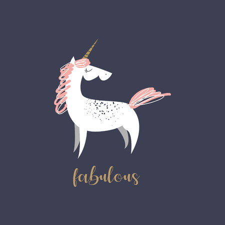 Cute hand drawn unicorn nursery art. Pastel colors. Good for girl prints, birthday invitations, cards. Postcard with magical pony. Vector, clip art. Fairy tale theme, doodle styleのイラスト素材