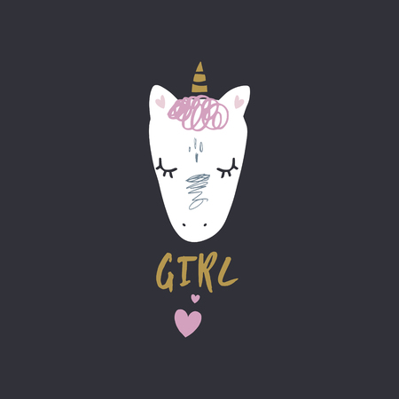 Cute hand drawn unicorn nursery art. Pastel colors. Good for girl prints, birthday invitations, cards. Postcard with magical pony. Vector, clip art. Fairy tale themeのイラスト素材