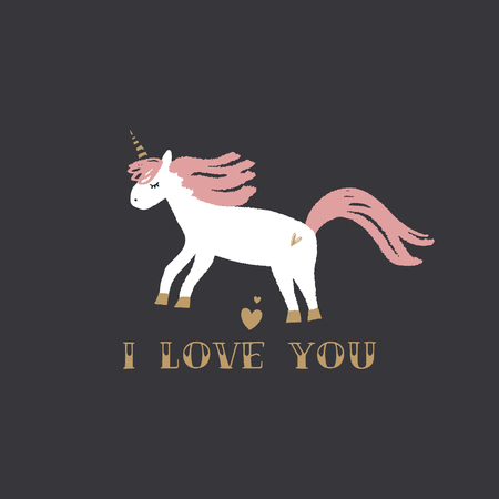 Cute hand drawn unicorn nursery art. Pastel colors. Good for girl prints, birthday invitations, cards. Postcard with magical pony. Vector, clip art. I love you text, Valentine themeのイラスト素材