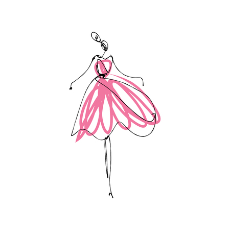 Dancing girl. Fashion model hand drawn sketch, stylized ink line silhouette isolated on white background. Vector illustrationのイラスト素材