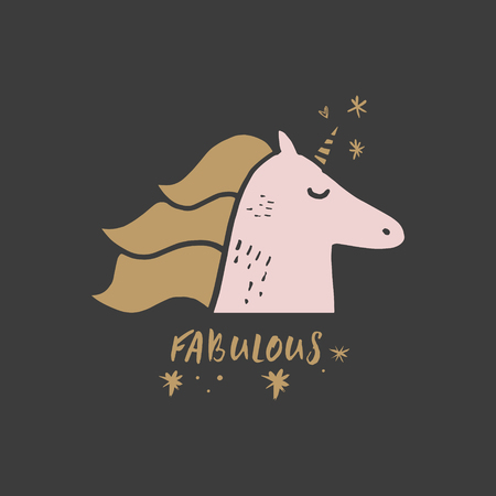 Cute hand drawn unicorn nursery art. Pastel colors. Good for girl prints, birthday invitations, cards. Postcard with magical pony. Vector, clip art. Fairy tale theme, doodle styleのイラスト素材
