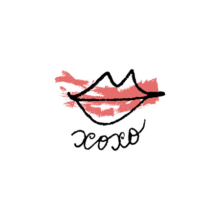 Vector hand drawn lips symbol, logo element template. Simple minimal lines style. Pastel colors makeup, brush strokes. Hugs and kisses handwritten text. Good for postard, poster, greeting cardのイラスト素材