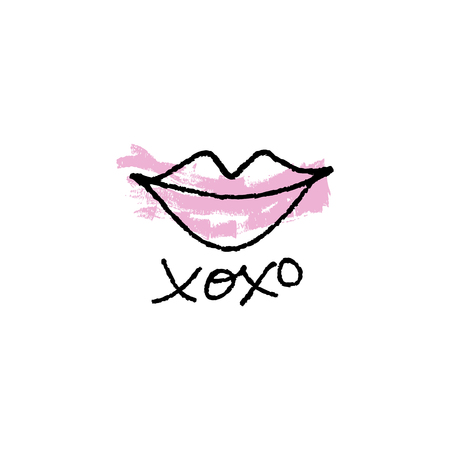 Vector hand drawn lips symbol, logo element template. Simple minimal lines style. Pastel colors makeup, brush strokes. Hugs and kisses handwritten text. Good for postard, poster, greeting cardのイラスト素材