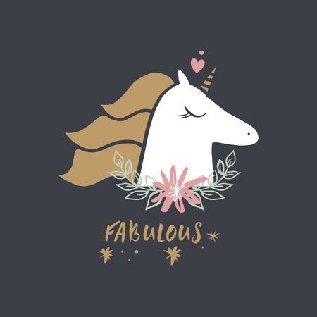 Cute hand drawn unicorn nursery art. Pastel colors. Good for girl prints, birthday invitations, cards. Postcard with magical pony. Vector, clip art. Fairy tale theme, doodle styleのイラスト素材