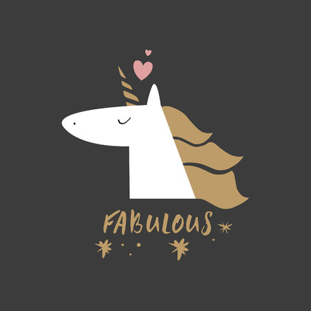 Cute hand drawn unicorn nursery art. Pastel colors. Good for girl prints, birthday invitations, cards. Postcard with magical pony. Vector, clip art. Fairy tale theme, doodle styleのイラスト素材