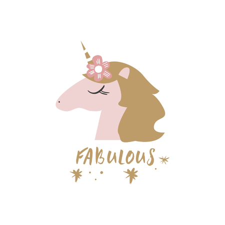 Cute hand drawn unicorn nursery art. Pastel colors. Good for girl prints, birthday invitations, cards. Postcard with magical pony. Vector, clip art. Fairy tale theme, doodle styleのイラスト素材